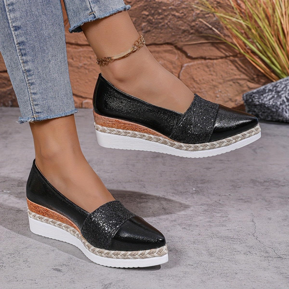 Pointed-Toe Sequined Wedge Espadrille Platform Slip-On Shoes