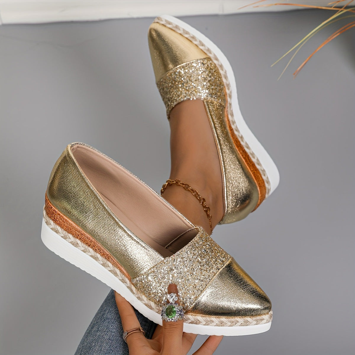 Pointed-Toe Sequined Wedge Espadrille Platform Slip-On Shoes