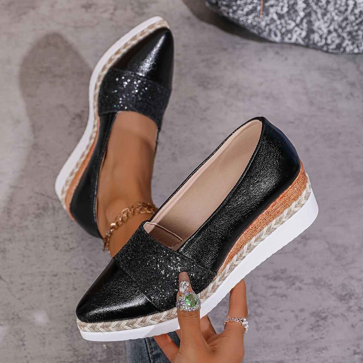 Pointed-Toe Sequined Wedge Espadrille Platform Slip-On Shoes
