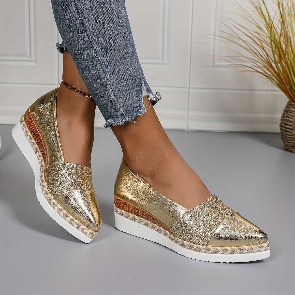 Pointed-Toe Sequined Wedge Espadrille Platform Slip-On Shoes